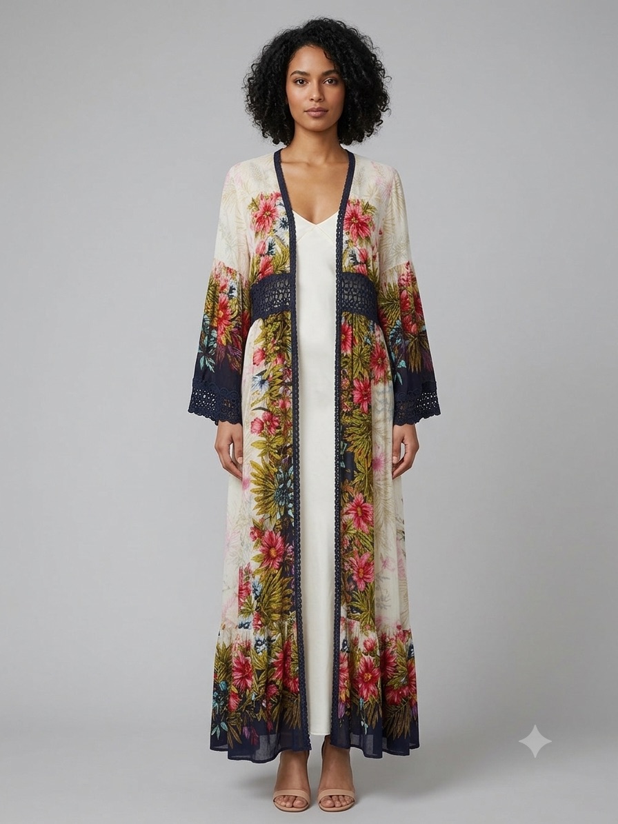 Floral Long Kimono Robe - Ivory With Navy Trim